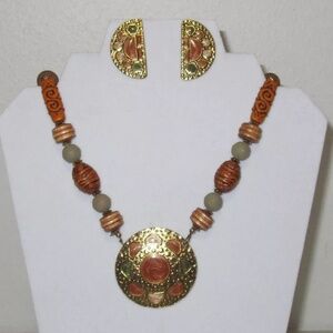 Vintage LR Signed Necklace & Earrings Set Enamel Pendant / Earrings Carved Beads